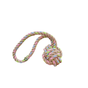 Colorful rainbow hemp rope tug toy for dogs, eco-friendly and durable.